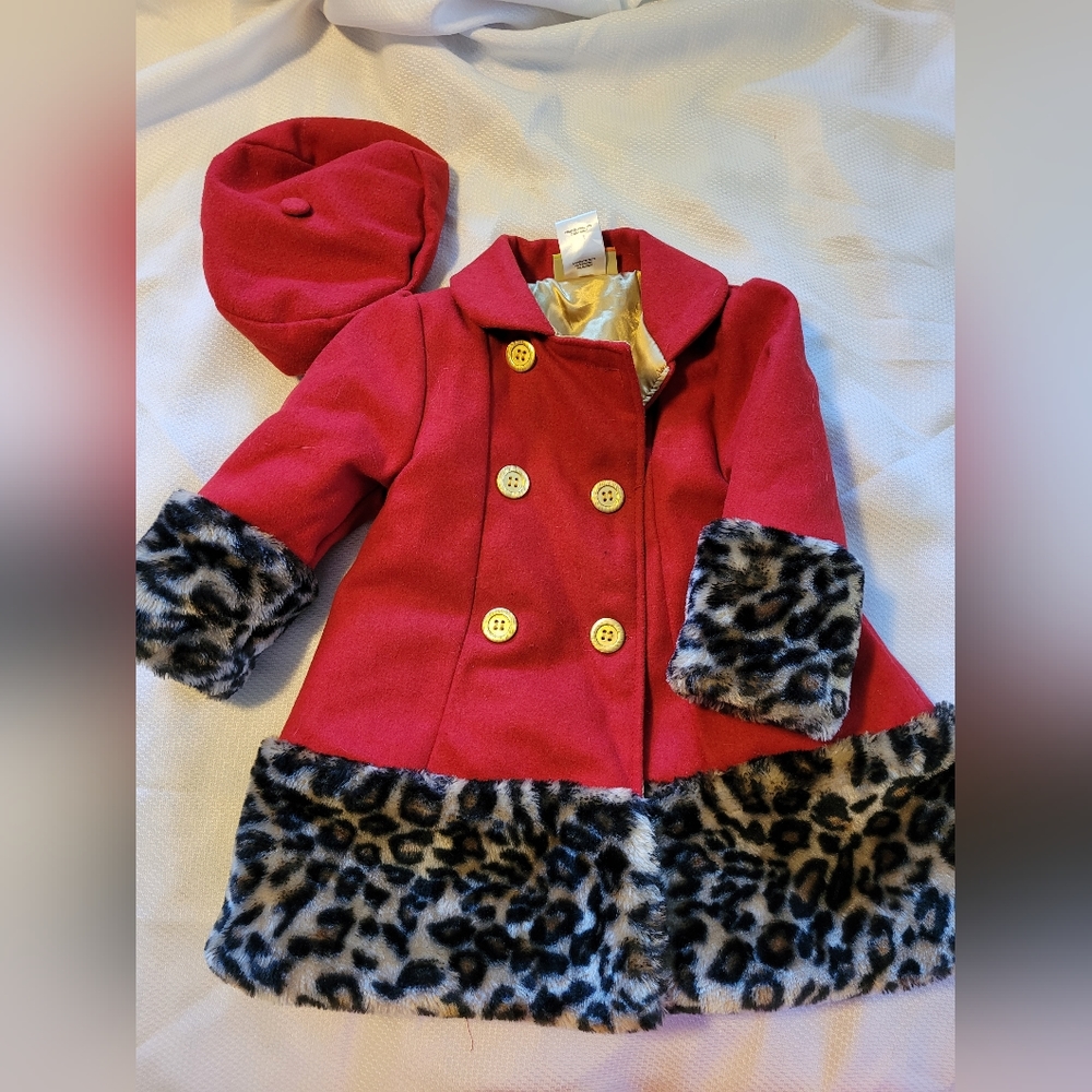 Matching coat with hat and leopard trim